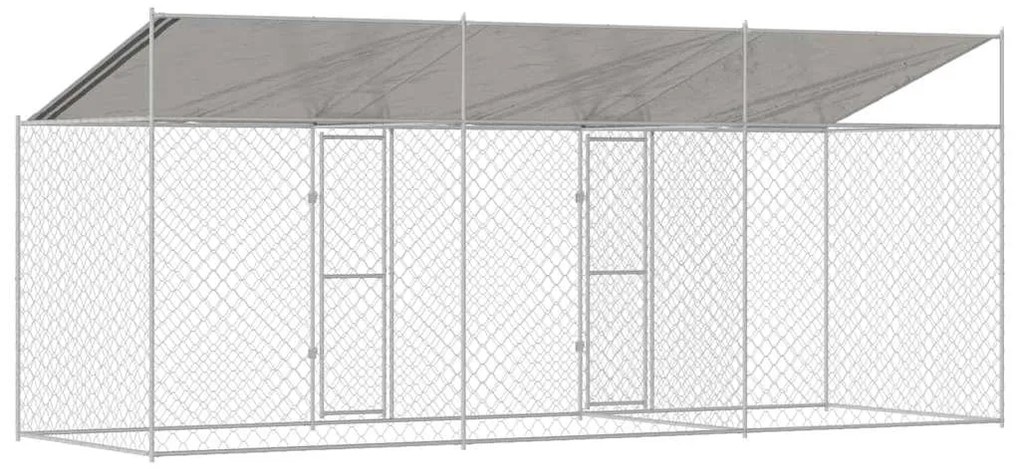 vidaXL Κλουβί Σκυλιού με Στέγη Ασημί 600 x 200 x 258 εκ Χάλυβας και PE