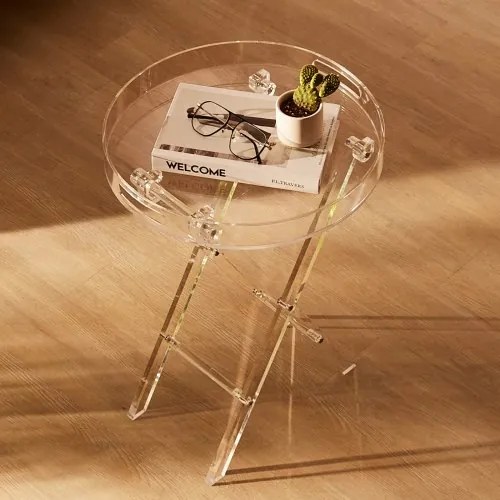 VEVOR Acrylic Folding Tray Table, Acrylic End Table with Folding X Leg, Clear Acrylic Side Table for Coffee, Drink, Food, Snack used in Living Room, Bedroom, and Study