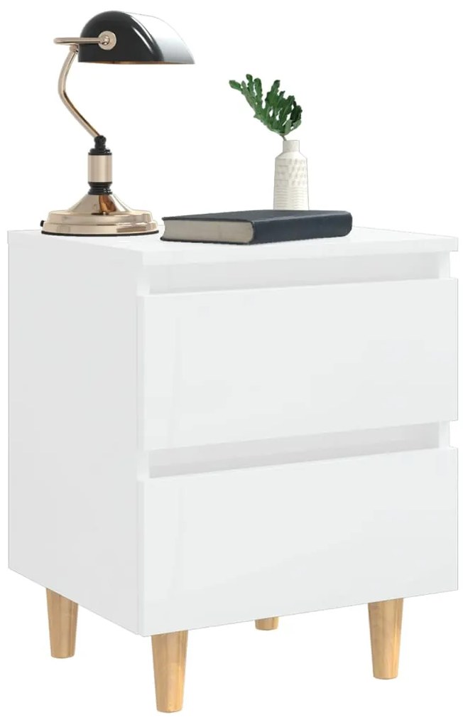 vidaXL Κομοδίνα 2 τεμ. Γυαλ. Λευκό 40x35x50εκ. Πόδια από Ξύλο Πεύκου