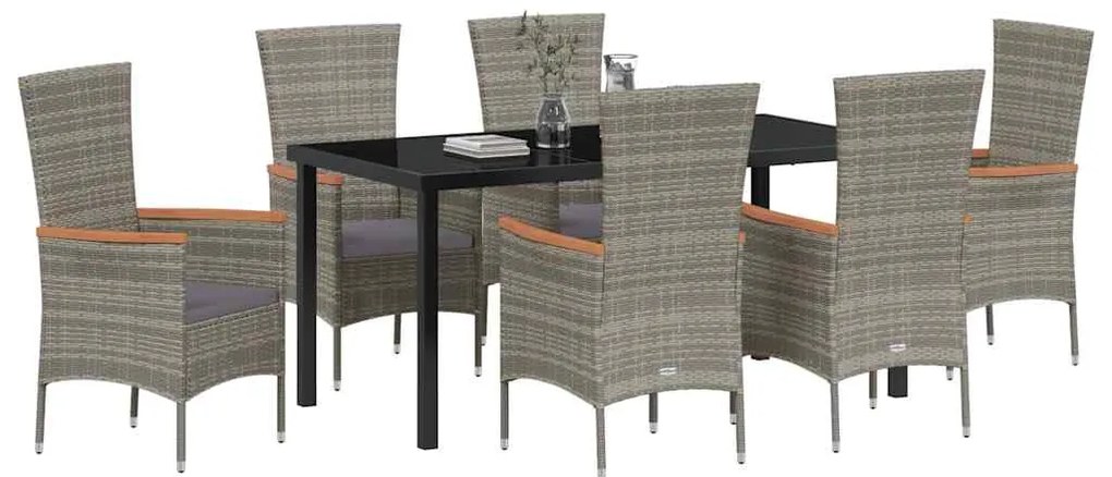 vidaXL Σέτ φαγητού για κήπο με μαξιλάρι 7 pcs Γκρι Πολυ ράταν