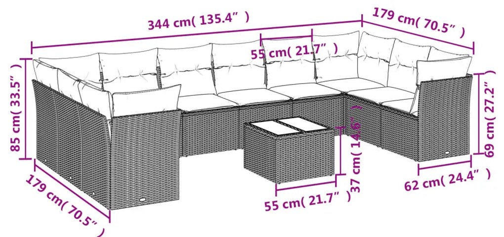 vidaXL Σαλόνι Κήπου Σετ 11 Τεμαχίων Μαύρο Συνθετικό Ρατάν με Μαξιλάρια