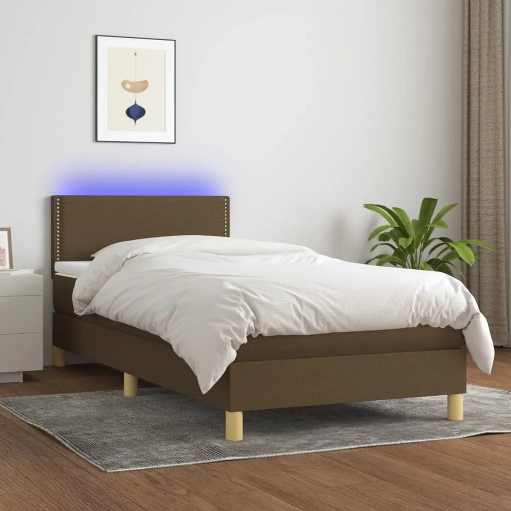 vidaXL Κρεβάτι Boxspring με Στρώμα & LED Σκ.Καφέ 90x200 εκ. Υφασμάτινο