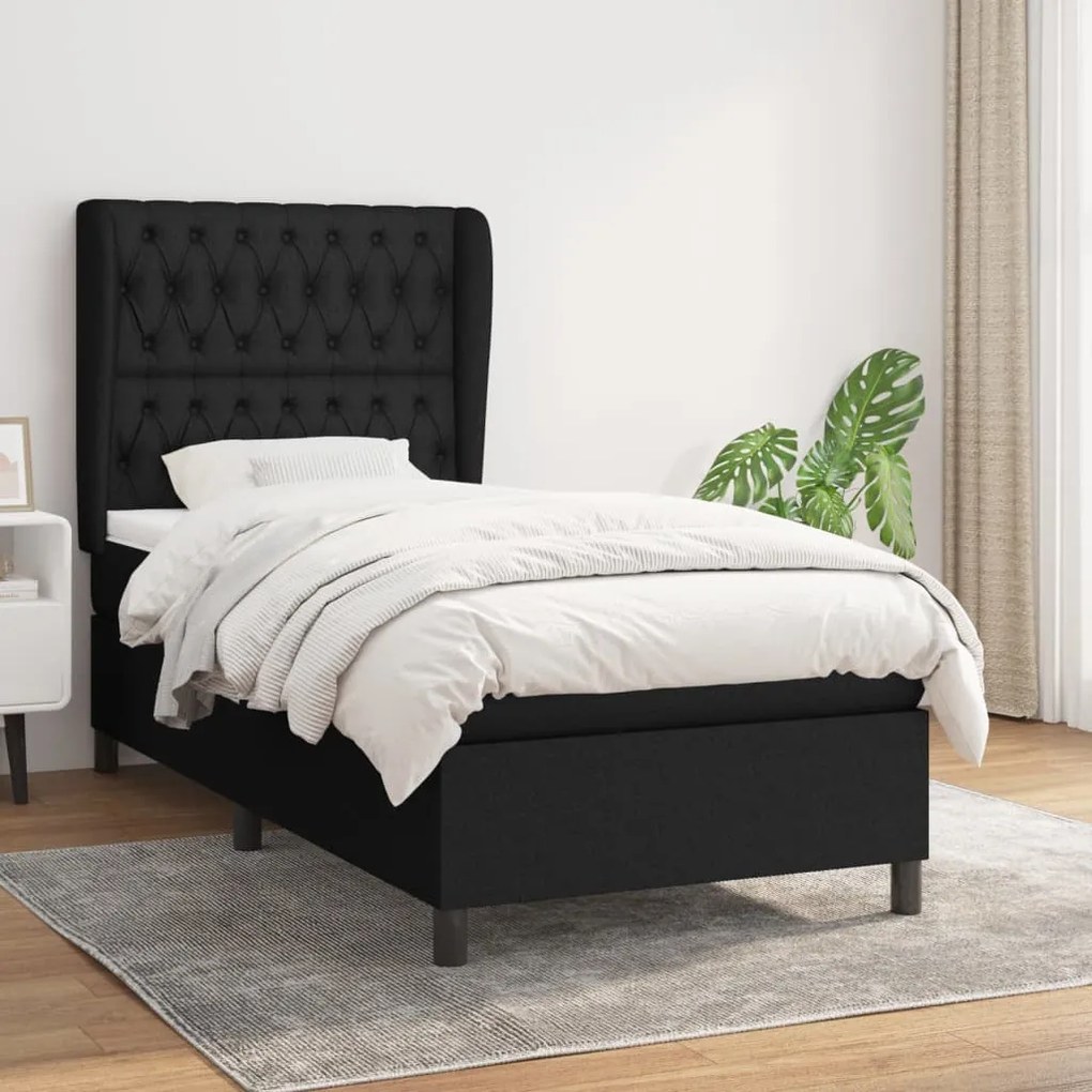 vidaXL Κρεβάτι Boxspring με Στρώμα Μαύρο 90x190 εκ.Υφασμάτινο