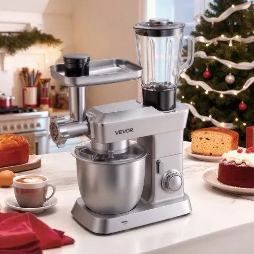 VEVOR Stand Mixer, 4.3 L Electric Kitchen Mixer, 1300W Dough-Mixer, 6+P Speeds Tilt-head Food-Mixer with 1.5 L Blender Cup, Stainless Steel Bowl, Dough Hook, Whisk, Beater, for Baking, Mixing, Silver