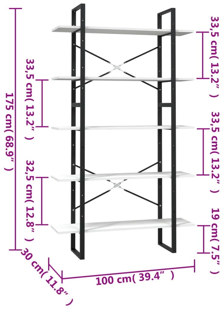 vidaXL Βιβλιοθήκη με 5 Ράφια Λευκή 100 x 30 x 175 εκ από Ξύλο Πεύκου