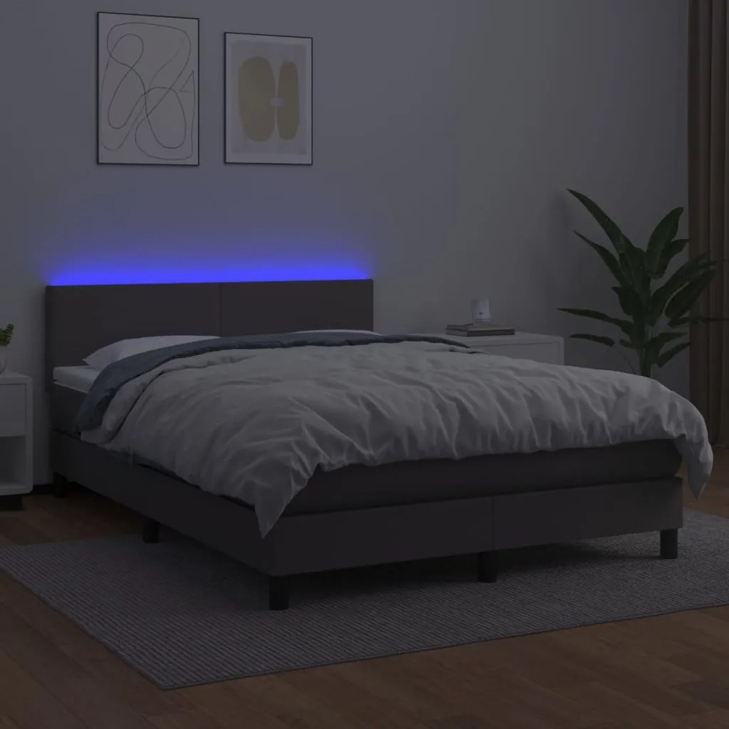 vidaXL Κρεβάτι Boxspring με Στρώμα &amp; LED Γκρι 140x190 εκ. Συνθ. Δέρμα
