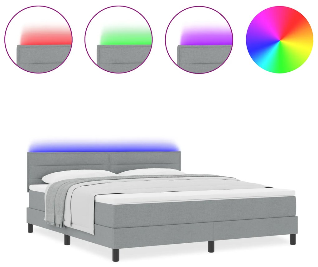 vidaXL Κρεβάτι Box Spring με Στρώμα & LED Ανοιχτό Γκρι 180x200 εκ Ύφασμα
