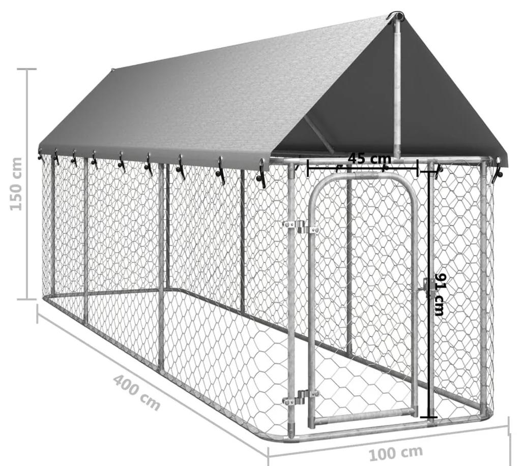 Κλουβί Σκύλου Εξωτερικού Χώρου 400 x 100 x 150 εκ. με Στέγαστρο - Ασήμι