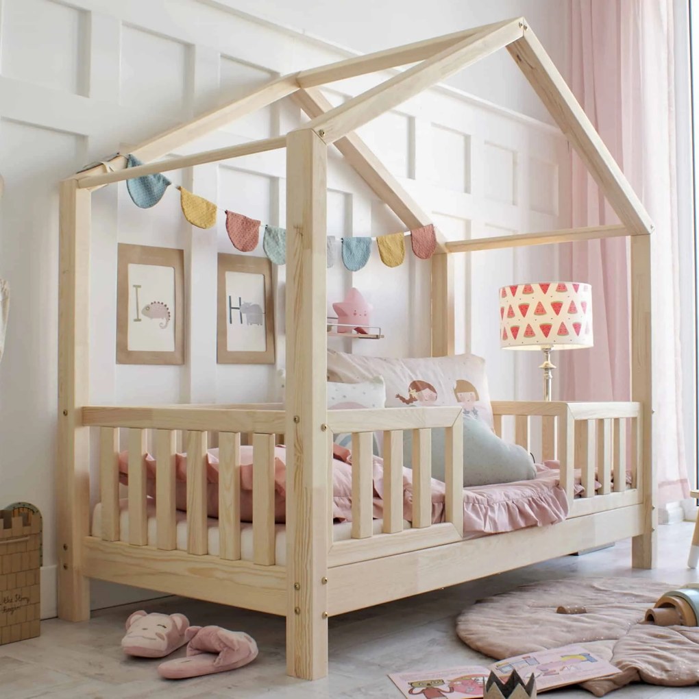 Κρεβάτι Παιδικό Montessori House Bed Duo με κάγκελα 30cm σε Φυσικό  Ξύλο  100×200cm  Luletto (Δώρο 10% έκπτωση στο Στρώμα)