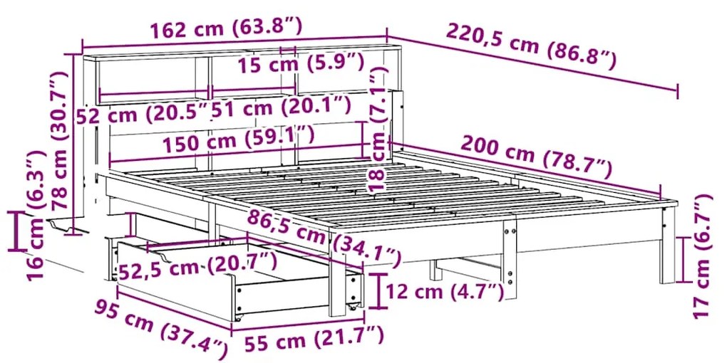 ΚΡΕΒΑΤΙ ΒΙΒΛΙΟΘΗΚΗ ΧΩΡΙΣ ΣΤΡΩΜΑ 150X200 ΕΚ ΜΑΣΙΦ ΞΥΛΟ ΠΕΥΚΟΥ 3309808