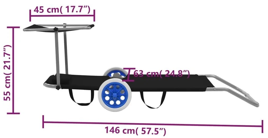Ξαπλώστρα Πτυσσόμενη Χρώμα Μαύρη Αλουμινίου με Σκίαστρο + Ρόδες - Μαύρο