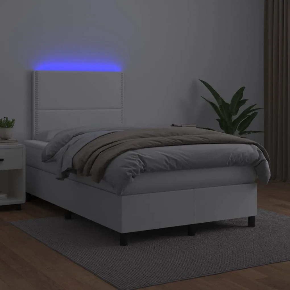 Κρεβάτι Boxspring με Στρώμα &amp; LED Λευκό 120x190 εκ. Συνθ. Δέρμα - Λευκό