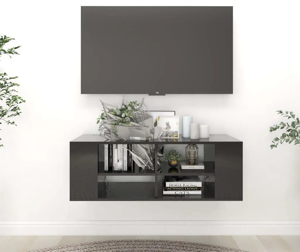 Έπιπλο Τηλεόρασης Κρεμαστό Γυαλ. Μαύρο 102x35x35 εκ Επεξ. Ξύλο 806245