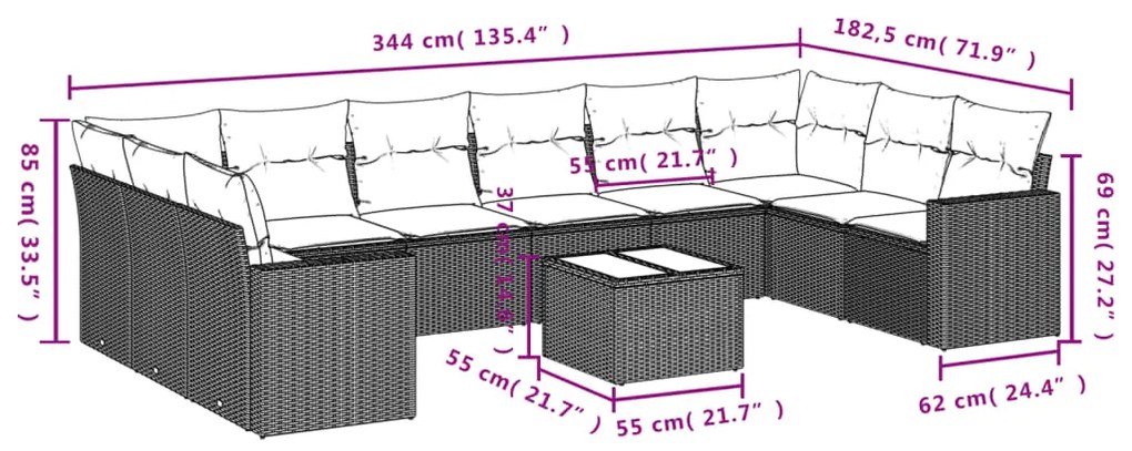 vidaXL Σαλόνι Κήπου Σετ 11 τεμ. Μπεζ Συνθετικό Ρατάν με Μαξιλάρια