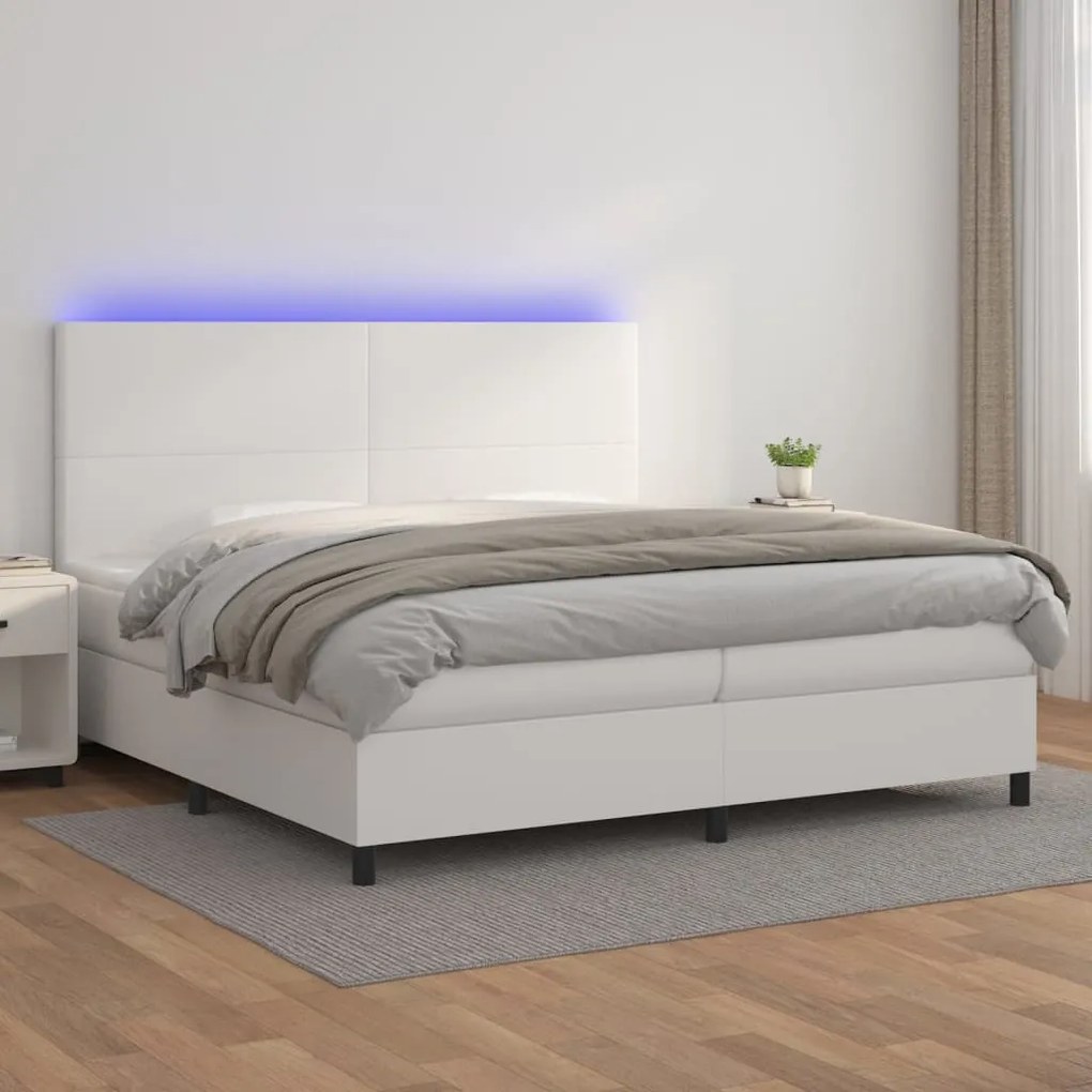 vidaXL Κρεβάτι Boxspring με Στρώμα &amp; LED Λευκό 200x200 εκ. Συνθ. Δέρμα