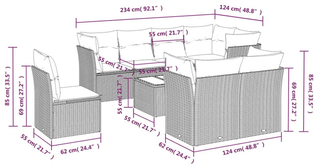 vidaXL Σαλόνι Κήπου Σετ 9 Τεμαχίων Γκρι Συνθετικό Ρατάν με Μαξιλάρια