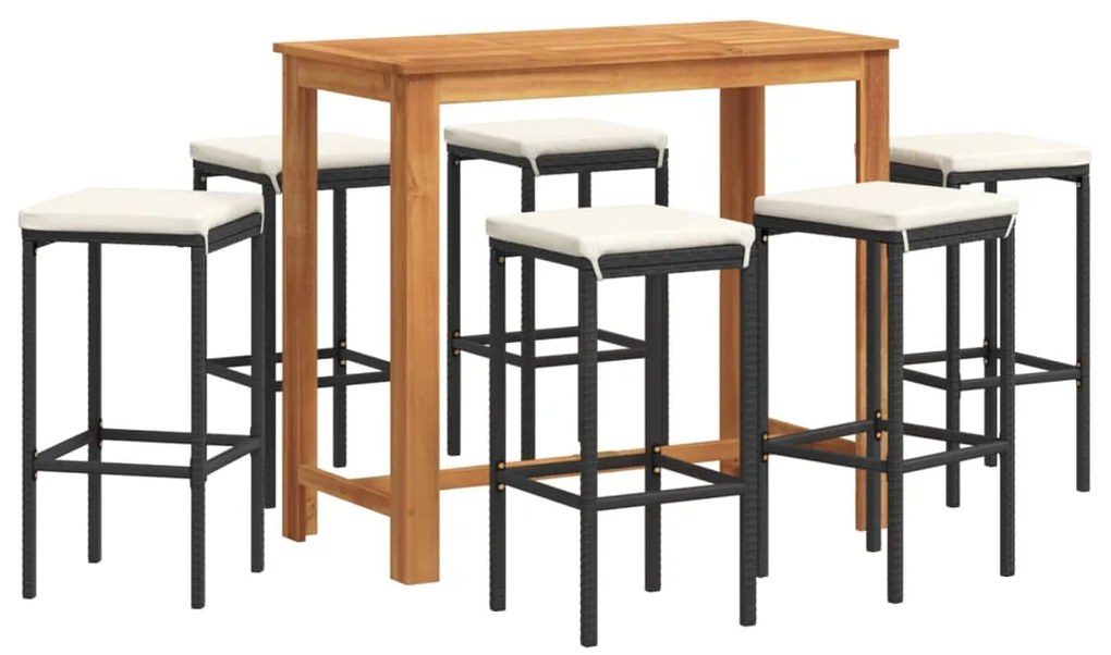 vidaXL Σετ Μπαρ Κήπου 7 Τεμ. Μαύρο Μασίφ Ξύλο Ακακίας και Συνθ. Ρατάν