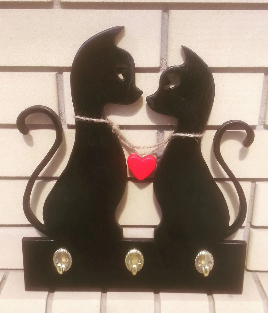 Intra απο ξύλο plywood 3mm-4mm πάχος - Κρεμάστρα Cat Couple Keys Κρεμάστρα τοίχου Δίασταση 30x30 cm Intraeaxys-r7vmkkk7