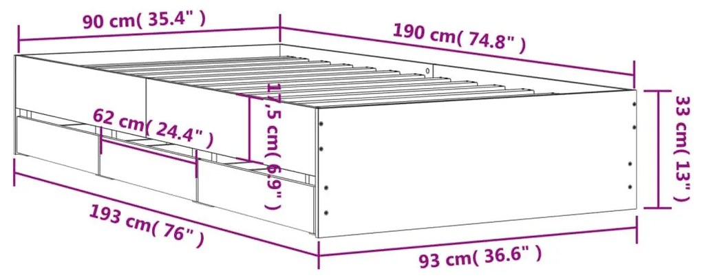 Πλαίσιο Κρεβατιού με συρτάρια Καφέ δρυς 90x190 εκ. Επεξ. Ξύλο - Καφέ