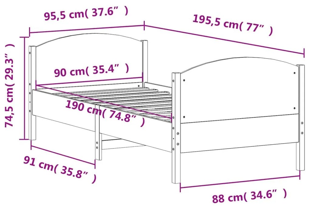 Πλαίσιο Κρεβατιού Κεφαλάρι Καφέ Κεριού 90x190 εκ. Μασίφ Πεύκο - Καφέ