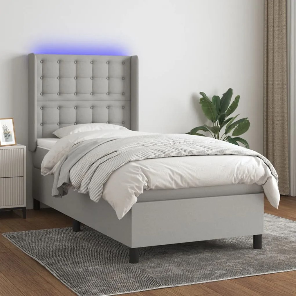 vidaXL Κρεβάτι Boxspring με Στρώμα &amp; LED Αν.Γκρι 90x200 εκ. Υφασμάτινο