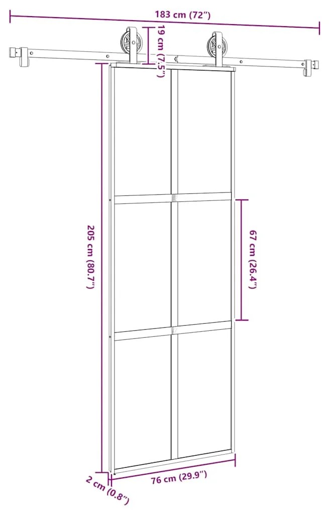 Συρόμενη πόρτα με σετ υλικού 76x205 cm από γυαλί&amp;Αλουμίνιο - Μαύρο