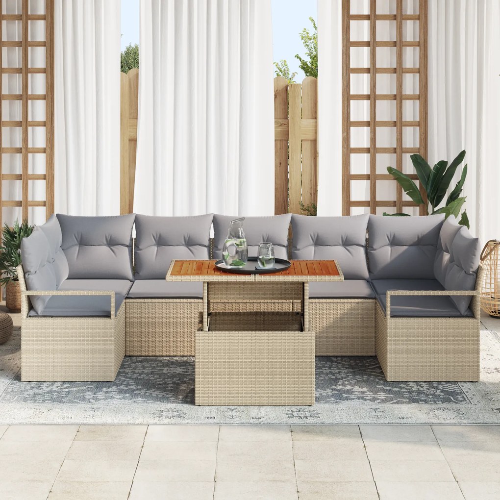 vidaXL Σετ Καναπέ Κήπου με μαξιλάρι 8 pcs Μπεζ και Γκρι Μεγάλο Ρατάν