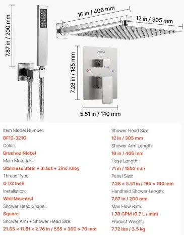 VEVOR Shower Faucet Set 12&quot; Square Rain Shower Head and Hand Set Brushed Nickel
