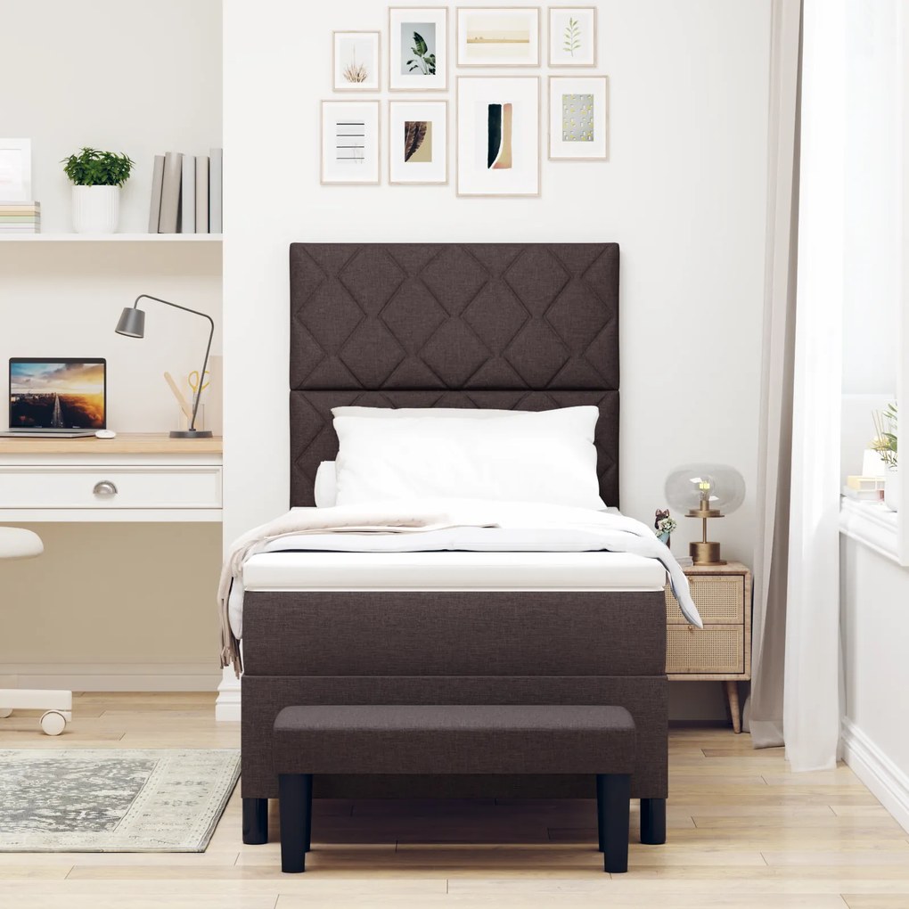 vidaXL Κρεβάτι Box Spring με Στρώμα & Πάγκο Σκούρο Καφέ 90x200 εκ. Ύφασμα