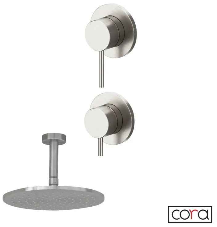 Cora COSMO Μίκτης εντοιχισμού με εκτροπέα 2/3 εξόδων &amp; Ανακλινόμενη κεφαλή Ø25εκ &amp; μπράτσο οροφής 10εκ Inox 316L Brushed