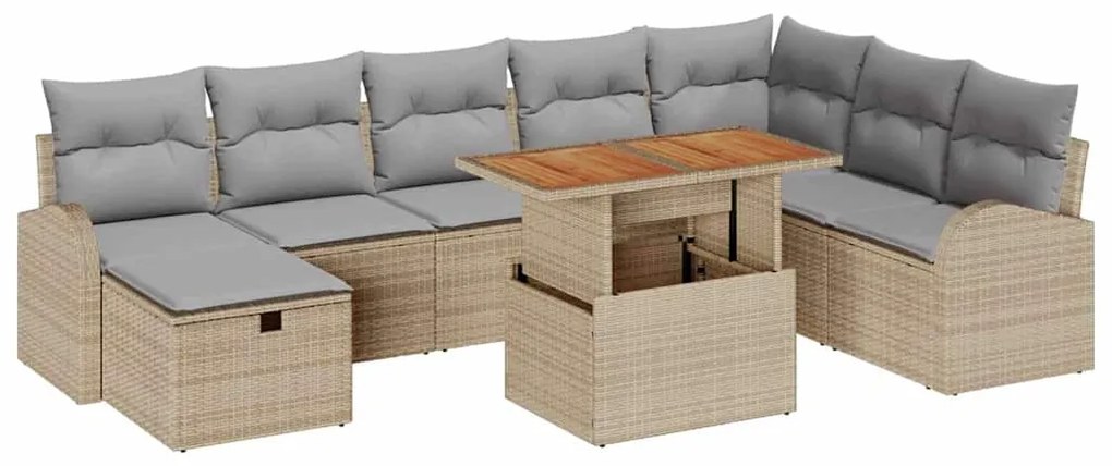 vidaXL Σετ Καναπέ Κήπου με μαξιλάρι 9 pcs Μπεζ Πολυ ράταν