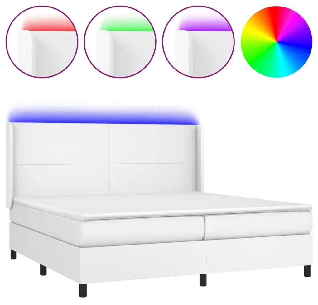 Κρεβάτι Boxspring με Στρώμα &amp; LED Λευκό 200x200 εκ. Συνθ. Δέρμα - Λευκό