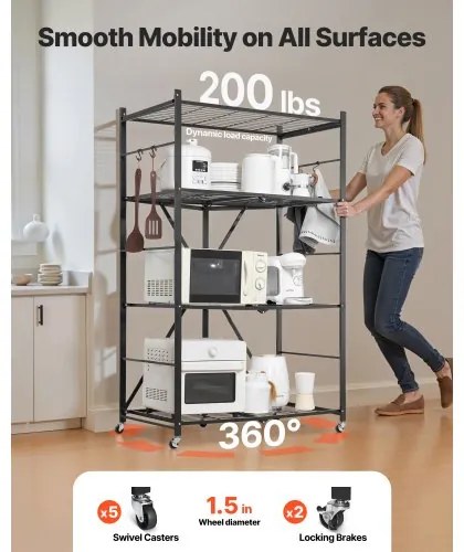 VEVOR Folding Storage Shelf with Wheels 4-Tier No Assembly Organizer Shelf Black