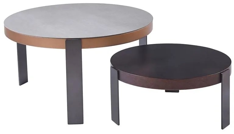 TRENDY Set-2 Τραπεζάκια Σαλονιού, Μέταλλο Ανθρακί, Sintered Stone Καρυδί-Cement Φ60 H.28cm + Φ80 H.43cm