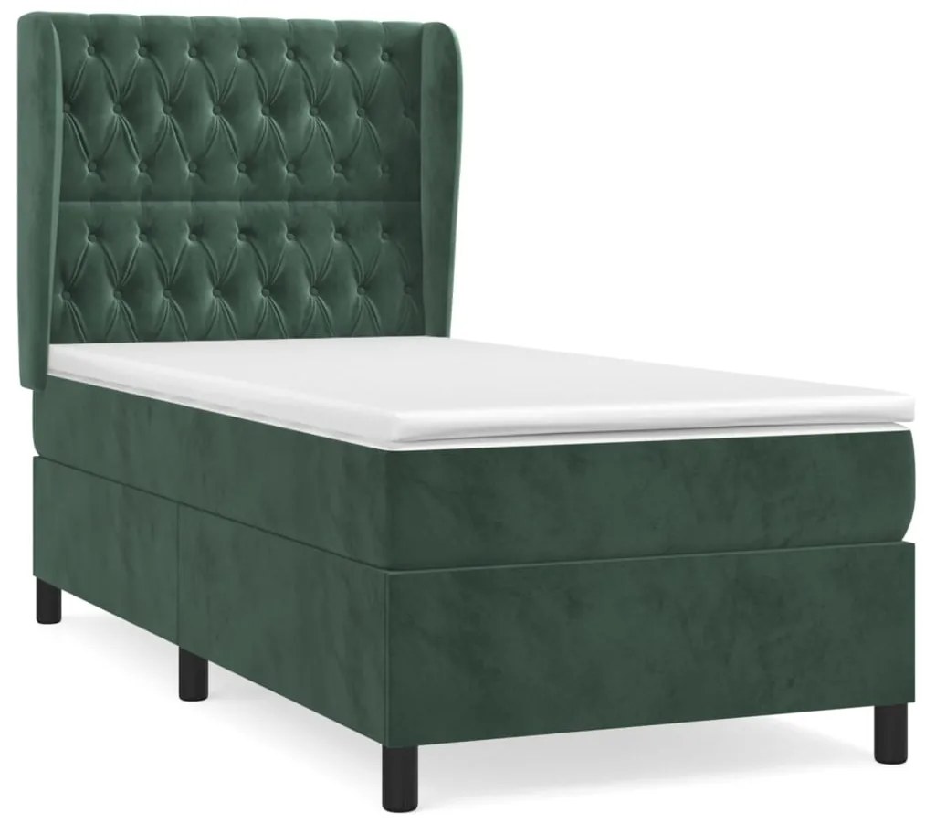 vidaXL Κρεβάτι Boxspring με Στρώμα Σκούρο Πράσινο 90x200 εκ. Βελούδινο