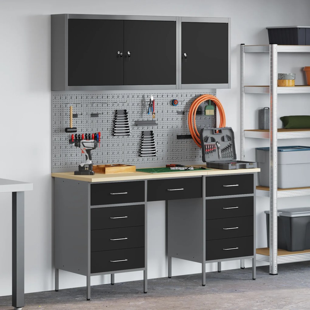 vidaXL Ντουλάπα Εργασίας με συρτάρι 8 pcs Μαύρο 150 x 55 x 200 εκ