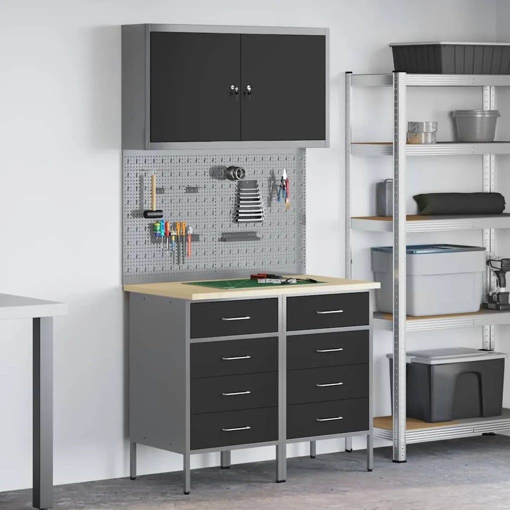 vidaXL Πάγκος εργασίας με συρτάρι 5 pcs Μαύρο 100 x 55 x 200 εκ Ατσάλι