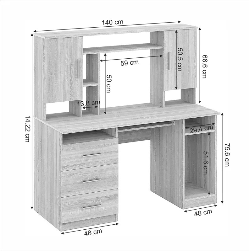 Γραφείο εργασίας Keldra pakoworld με συρτάρια και ντουλάπια σε sonoma απόχρωση 140x59.8x142.2εκ