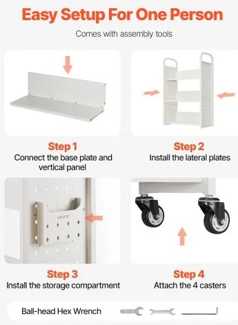 VEVOR 3-Tier Rolling Book Cart Single Sided L-Shaped Shelves Book Truck in White