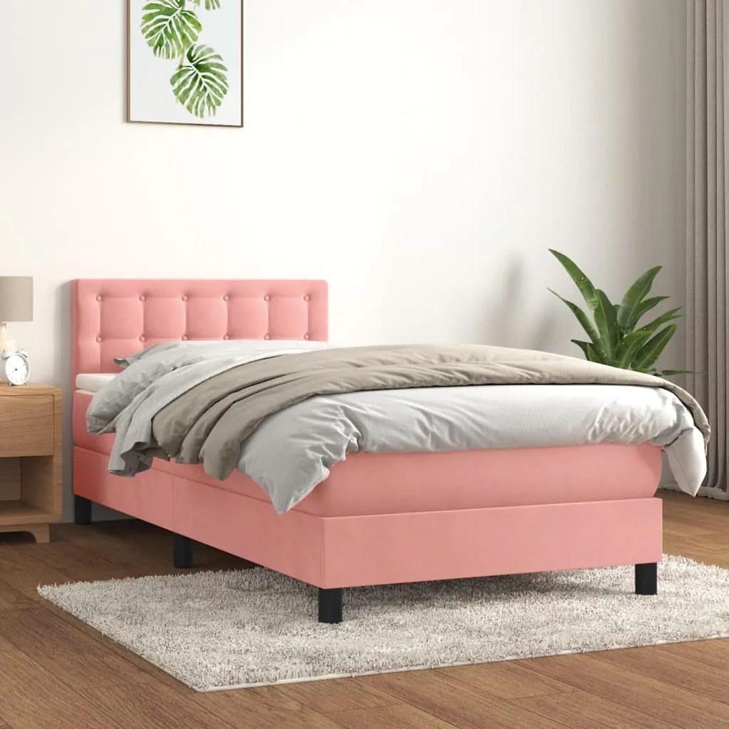 Κρεβάτι Boxspring με Στρώμα Ροζ 90x190 εκ. Βελούδινο - Ροζ