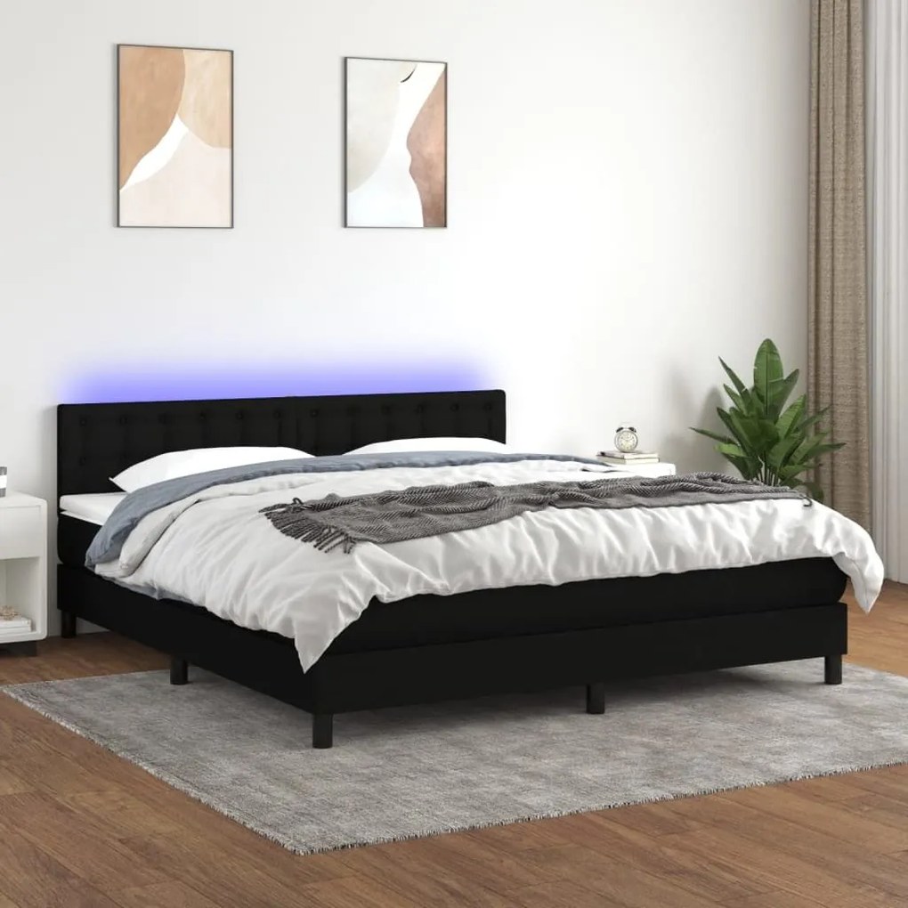 Κρεβάτι Boxspring με Στρώμα &amp; LED Μαύρο 160x200 εκ. Υφασμάτινο - Μαύρο