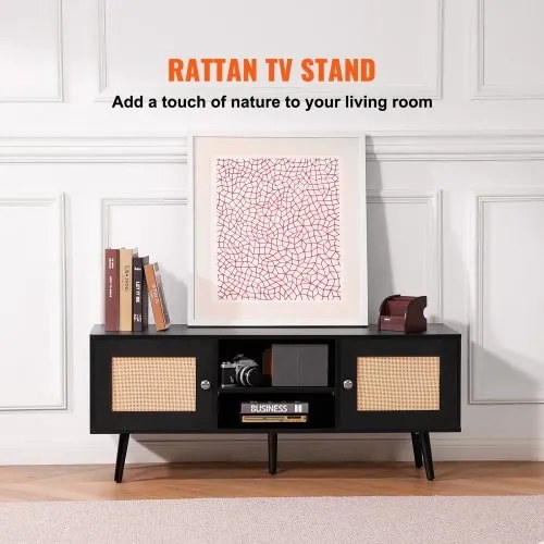 VEVOR Rattan TV Stand, Boho TV Cabinet for 55 inch TV, Mid Century Modern TV Stand, Rattan TV Console with Adjustable Shelfs for  Living Room, Media Room, Black