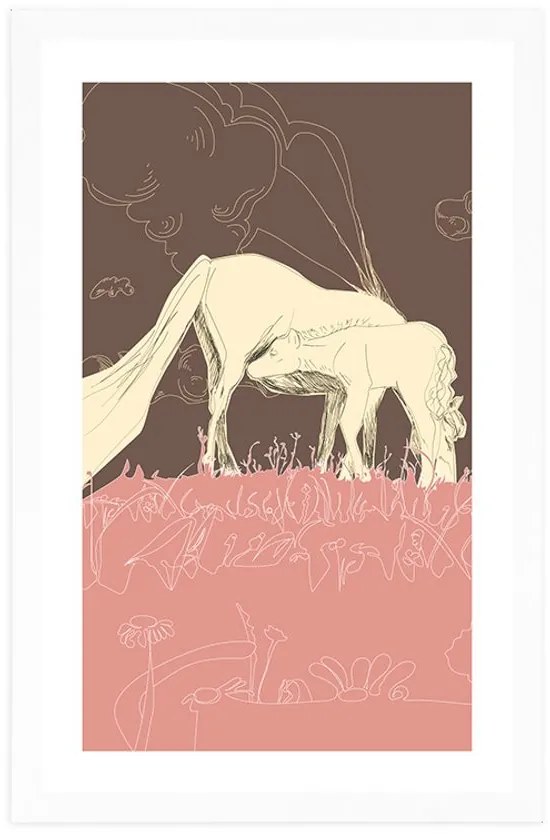 Αφίσα με πασπαρτού Άλογο σε ροζ λιβάδι - 20x30 black
