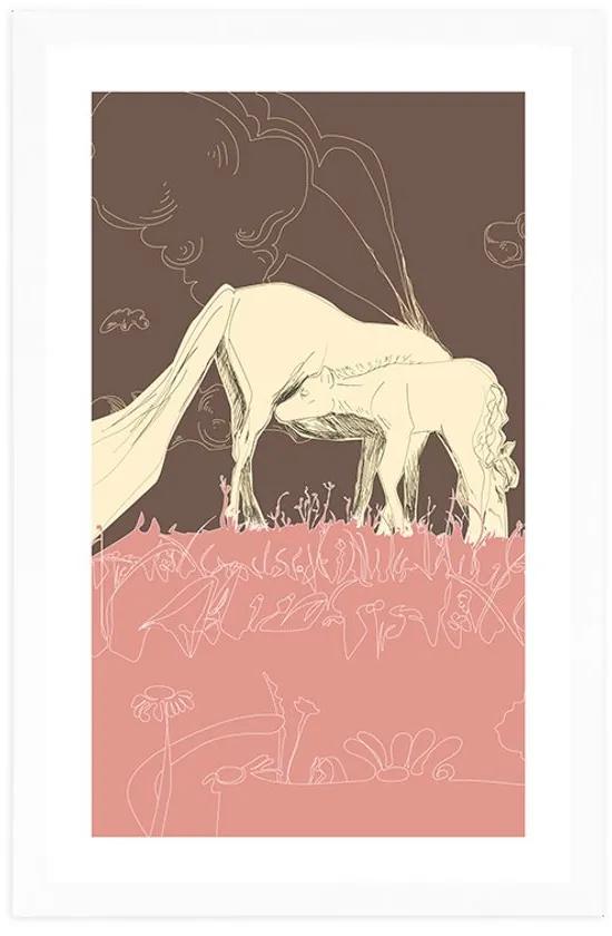 Αφίσα με πασπαρτού Άλογο σε ροζ λιβάδι - 30x45 silver