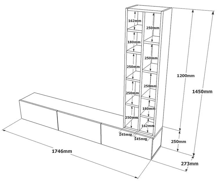 Σύνθετο σαλονιού επιτοίχιο Esmeralda cement-μαύρο 174.5x27x145εκ 174.6x27.3x145 εκ.