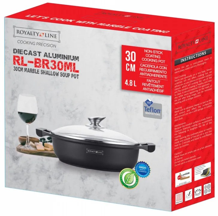 Κατσαρόλα Royalty Line RL-BR30ML, 30 cm, 4.8 l, αντικολλητική επίστρωση μαρμάρου, γυάλινο καπάκι, χωρίς PFOA, επαγωγική, μαύρο