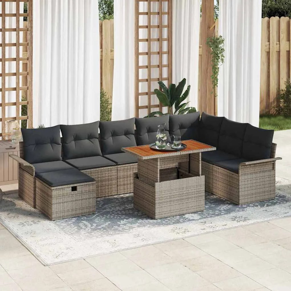 vidaXL Σετ Καναπέ Κήπου με μαξιλάρι 9 pcs Γκρι Πολυ ράταν