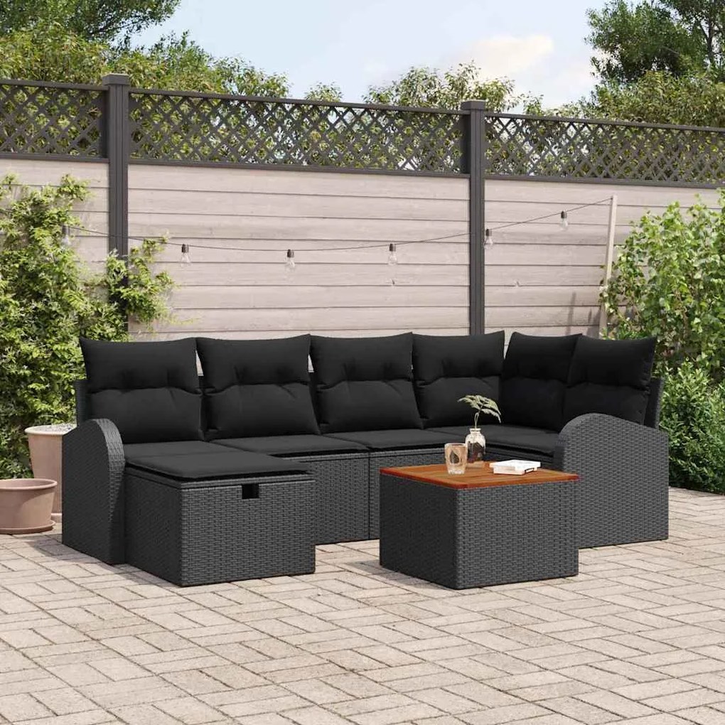 vidaXL Set Καναπέ Κήπου 7 Τεμαχίων με Μαξιλάρια Μαύρο Πολυ Ρατάν