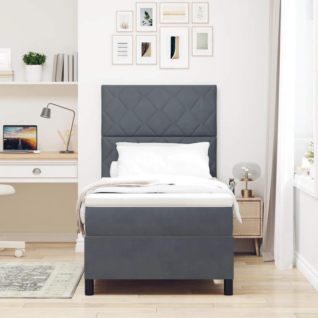 vidaXL κρεβάτι Box Spring με στρώμα & LED γκρι σκούρο 90x200 εκ. από βελούδο