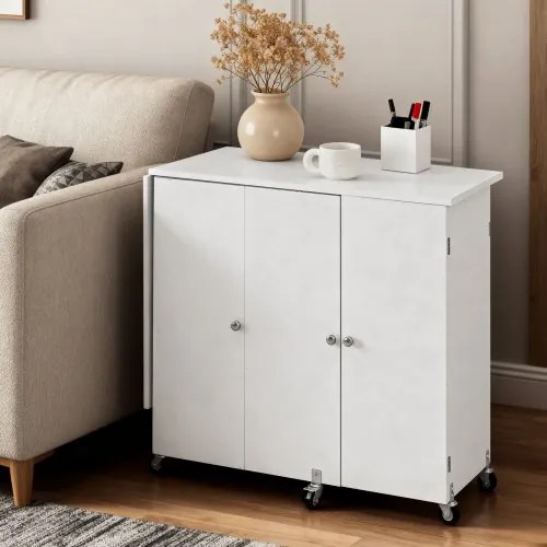 VEVOR Folding Sewing Table, Multipurpose Sewing Machine Table with Cabinet, Compact Design, Wheels, Wooden Pegs, Storage Trays and Shelf, Magnetic Door, Craft Station and Side Desk for Home, White